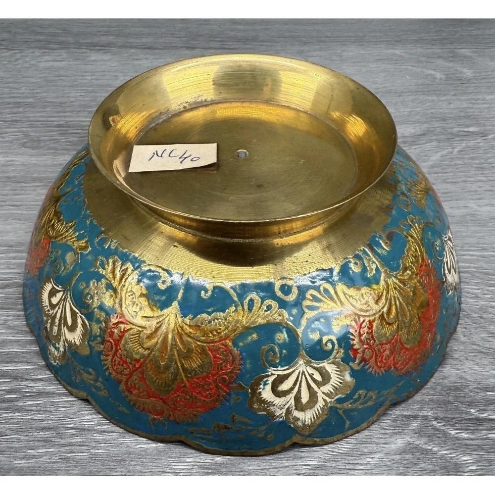 Vtg Brass‎ or Plated Bowl Trinket Dish w/ Peacock Floral Design India Scalloped